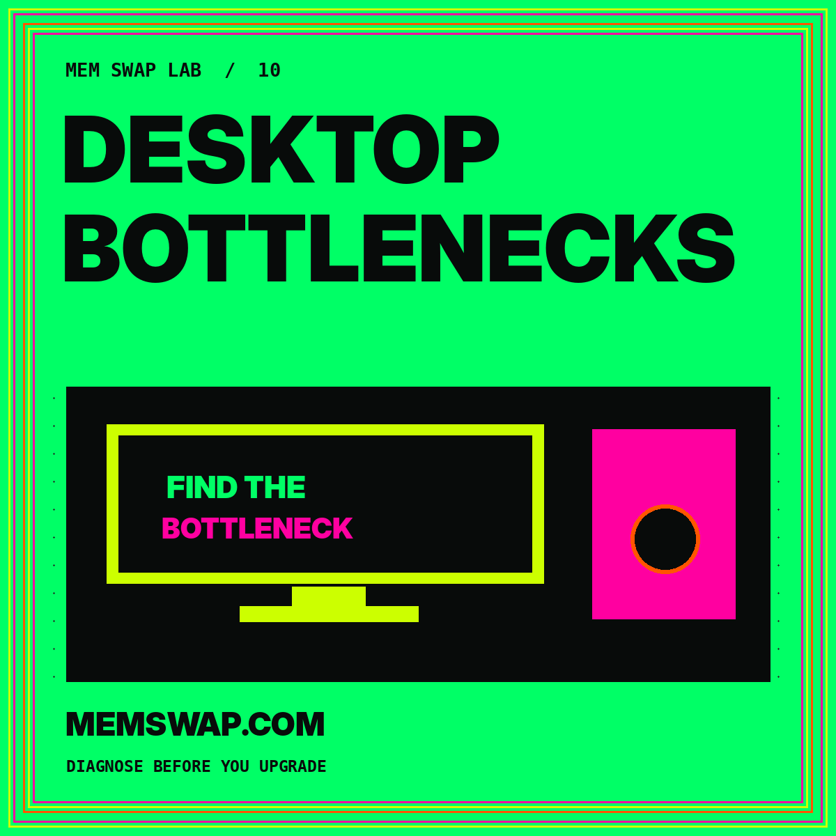 Desktop Bottlenecks: neon typography card showing a desktop monitor and tower, branded MemSwap.com.