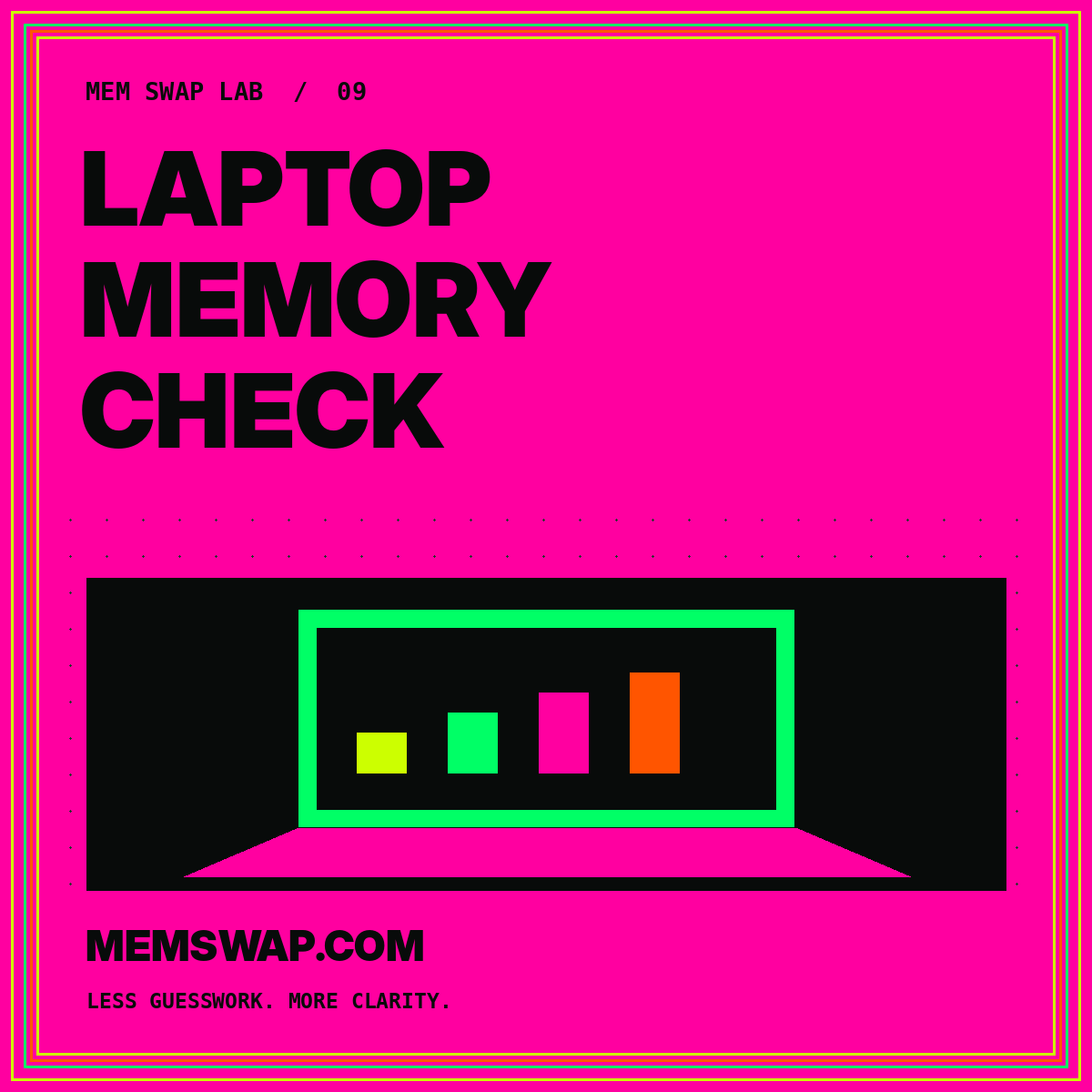 Laptop Memory Check: neon typography card showing a laptop with memory bars, branded MemSwap.com.