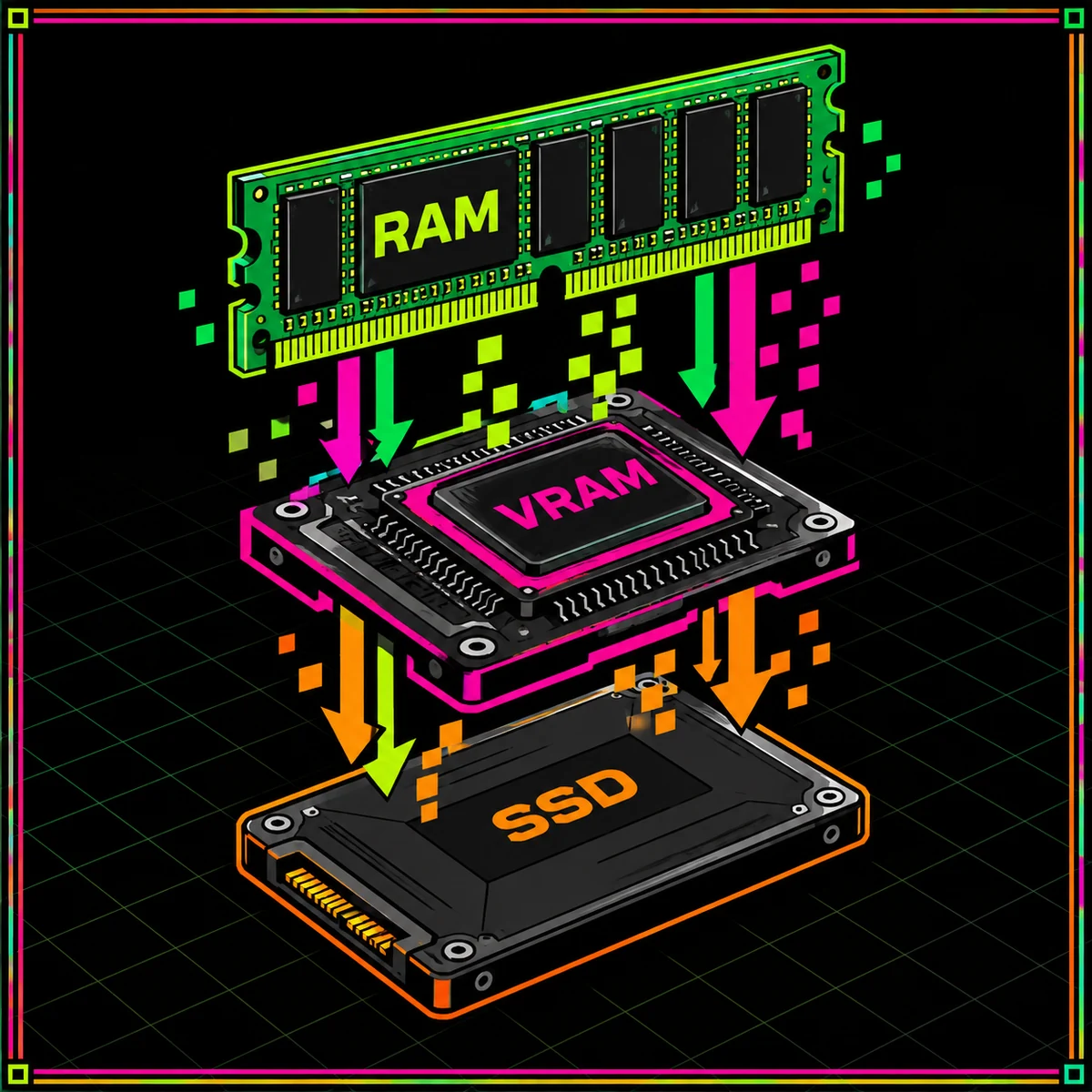 Neon illustration of distinct RAM, VRAM, and SSD memory tiers connected by conceptual data arrows.